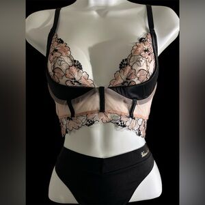 Victoria's Secret Black and Pink Floral Lace Underwire Bustier Bra & Black Thong